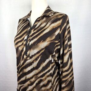 Ali Miles Pullover Sweater Women's PM Animal Print Quarter Zip Pockets Brown NEW